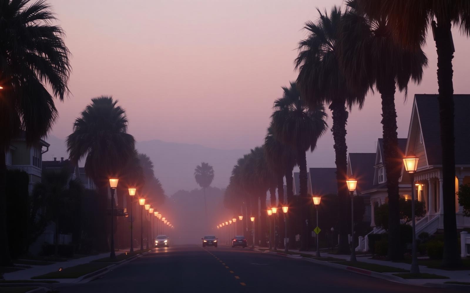 Palm-lined Los Angeles neighborhood at dusk